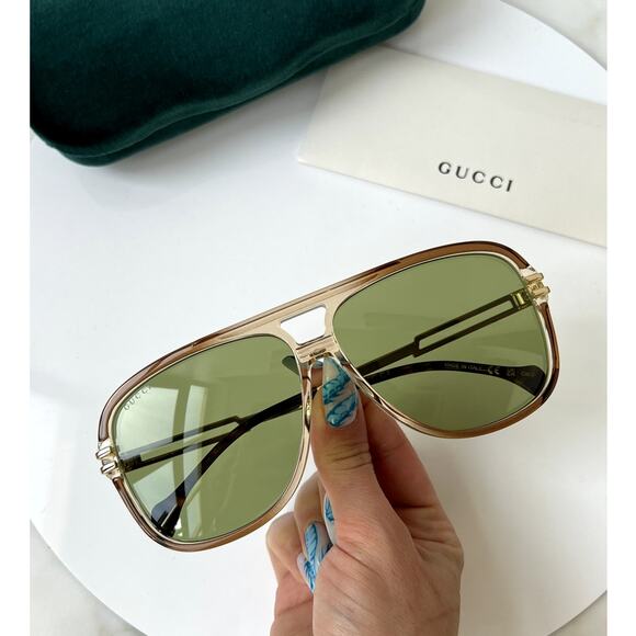 NEW Gucci GG1105S Brown Frame Green Lens Aviator Sunglasses - Picture 1 of 11